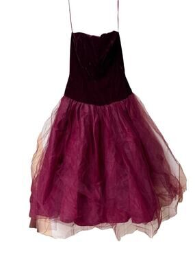 Vintage Velvet Strapless Tea Evening Dress Deep Burgundy Plum 3 Tulle layers